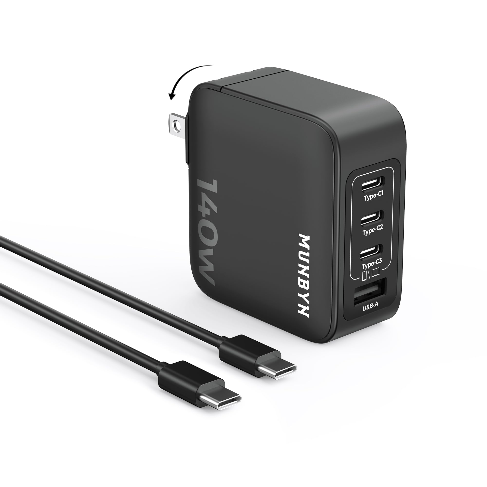 MUNBYN CR14 140W USB C GaN Wall Charger, 4 Ports Fast Charging Compact & Foldable, for MacBook Pro/Air, iPhone 15, iPad Pro, Dell XPS 13, Galaxy, Chromebook, ThinkBook with 140W 3.2 FT Cable