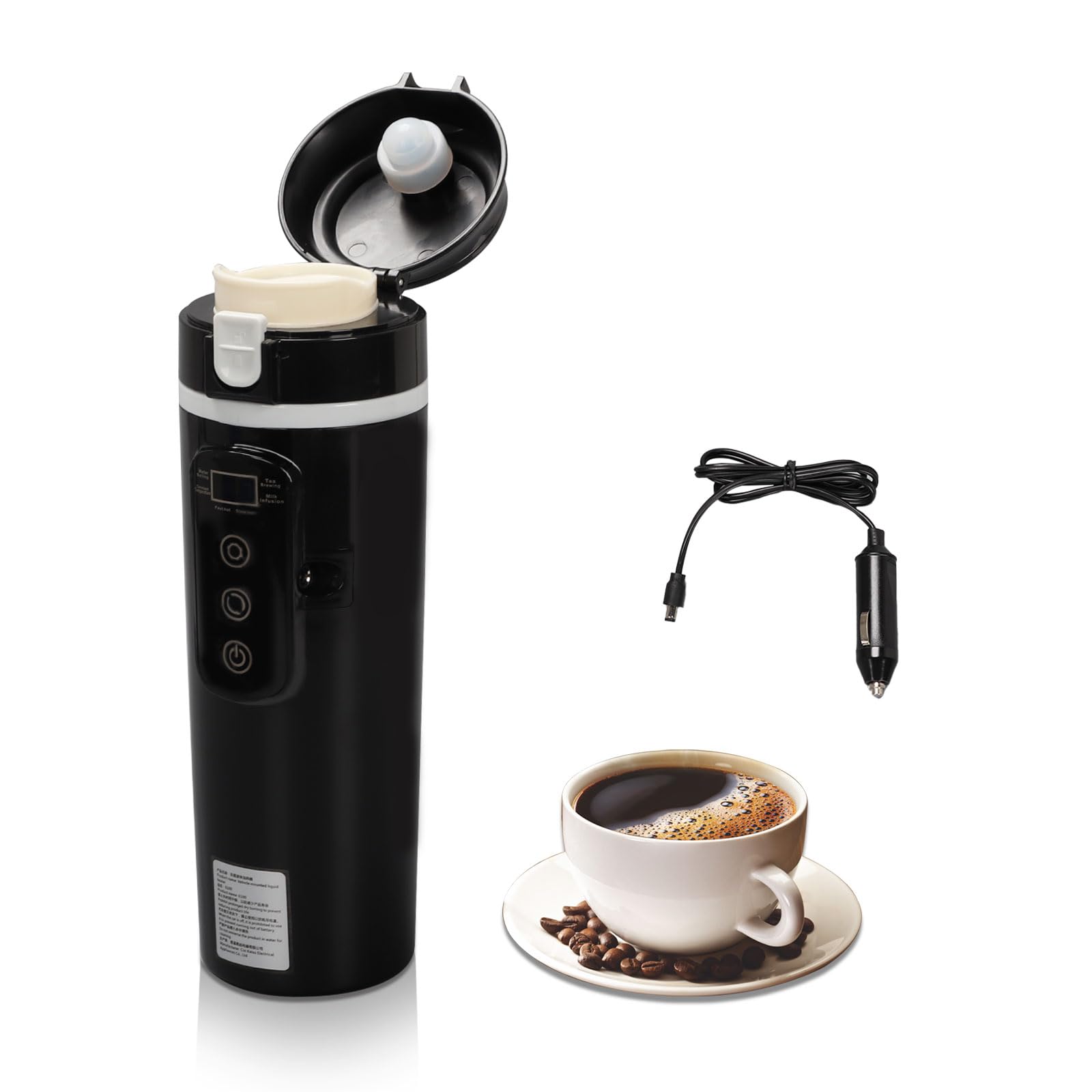 500ml Wasserkocher 12V Klein, Schwarz Auto Reise Elektrischer Wasserkocher | Reise Wasserkocher Klein für Auto Wasserkocher Auto Edelstahl mit LCD Display, Einstellbare Temperatur für Auto Reise Camping