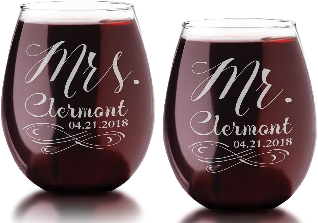 Infinity Set of 2 Mr Mrs Stemless Wine Engraved Glass Soon