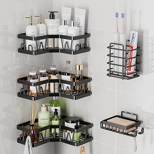 Miniatura 1 de Allviper Estante de almacenamiento de baño para 5 juegos, organizador de cocina, sin perforaciones, estante para artículos de tocador montado en la