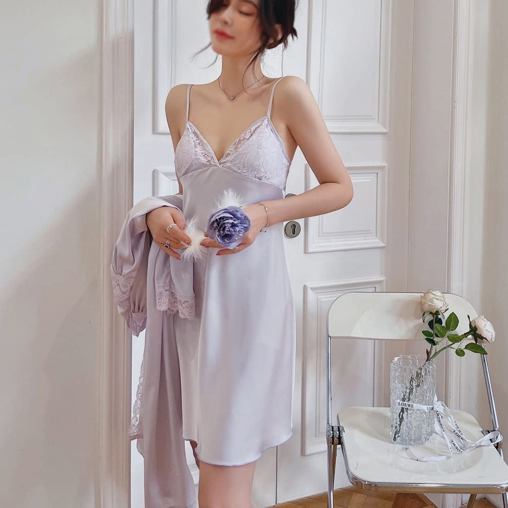 Damen Seiden-Bademantel-Sets Nachtwäsche Spitze Nachtkleid Herbst Morgenmantel Sexy Nachthemd Bademantel Weiblich (AL)