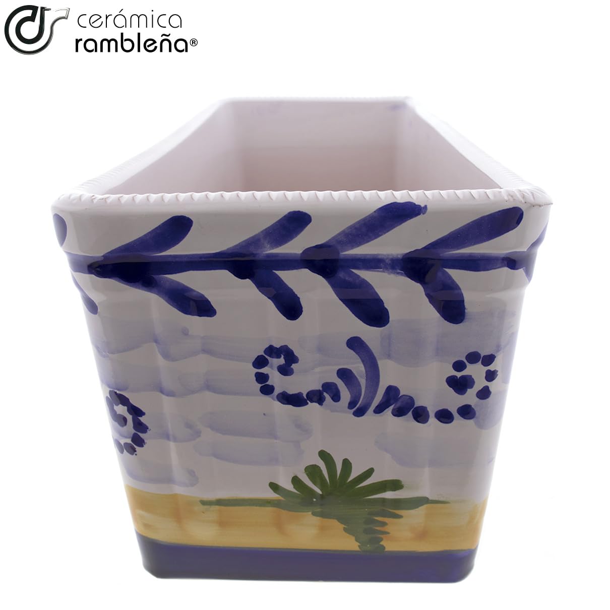 CERÁMICA RAMBLEÑA | Jardinera | Jardinera balcón | Jardinera Exterior | Jardinera Rectangular | Jardinera Decorado montería - Modelo J03 | 100% Decorada a Mano | 41x19x18 cm
