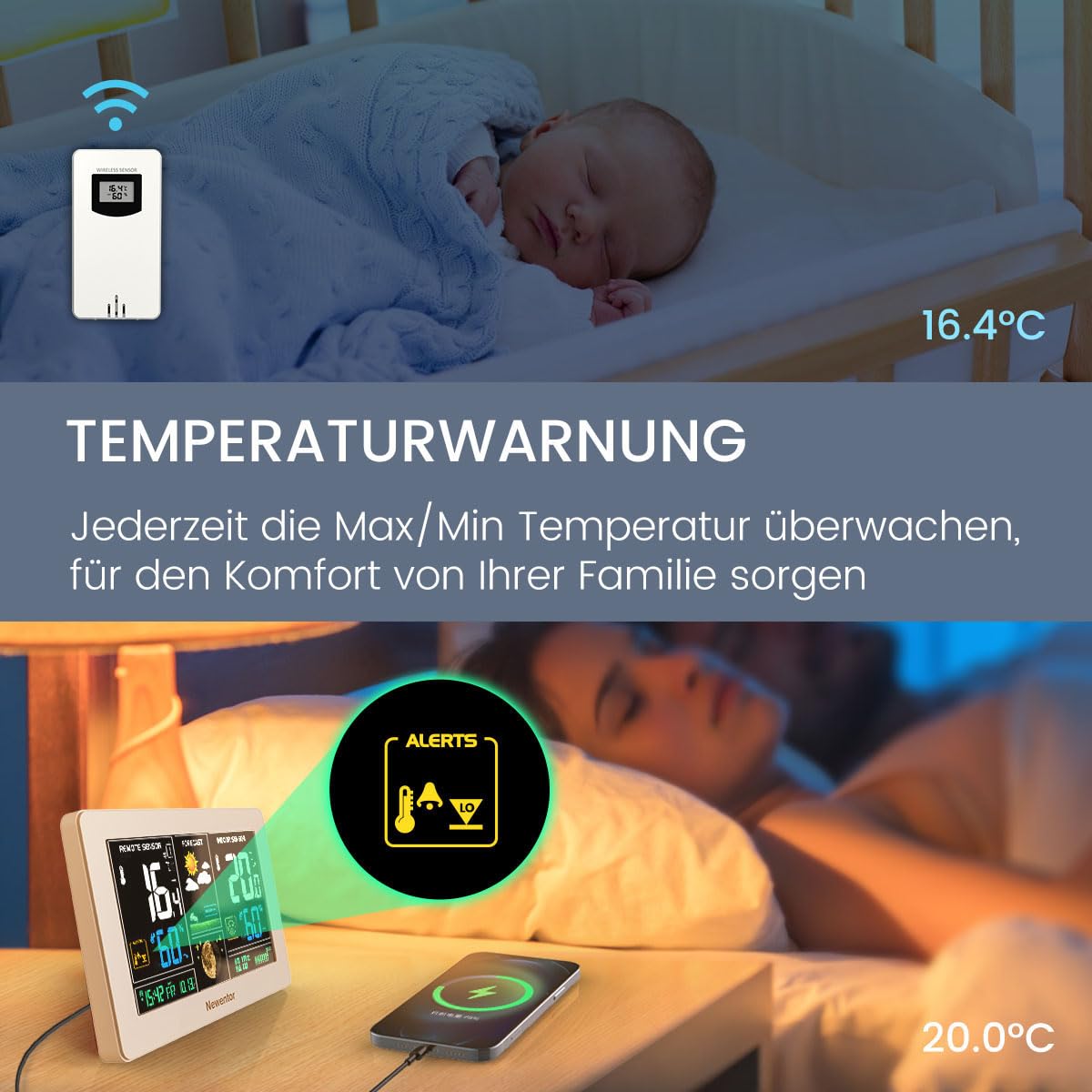 Newentor Radiowa stacja pogodowa z czujnikiem zewnętrznym – radiowa stacja pogodowa z prognozą pogody, ostrzeżenie o temperaturze, zegar radiowy DCF – zasilanie bateryjne i sieciowe, biała