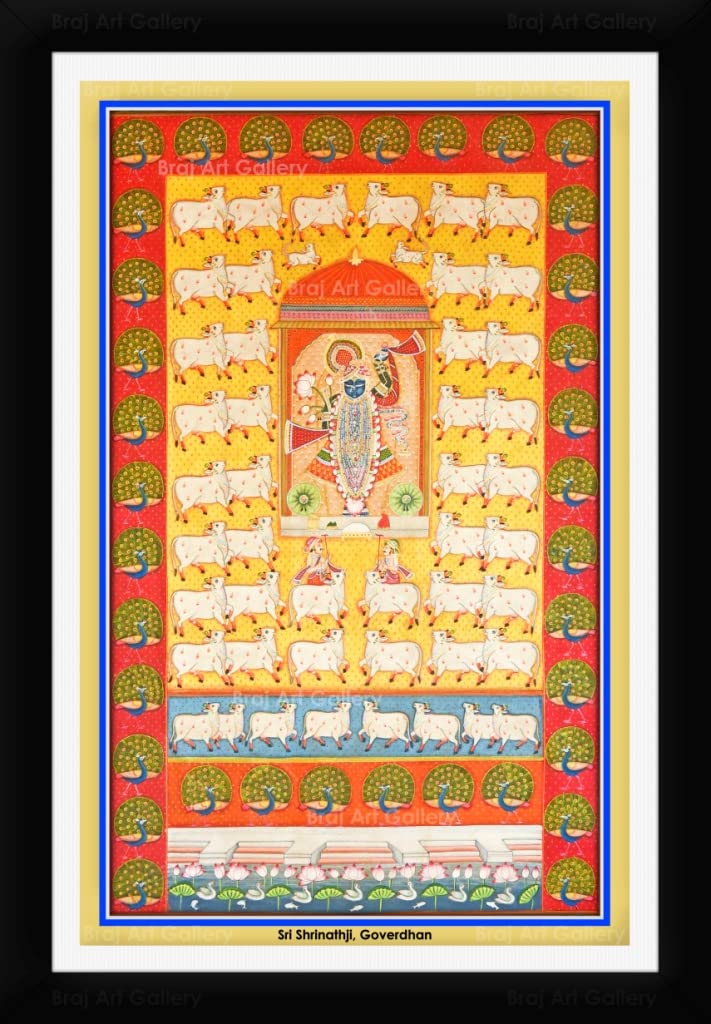 Braj Art Gallery Shrinathji & Kamdhenu Pichwai Painting Framed Size 13.5X19.5 Inches