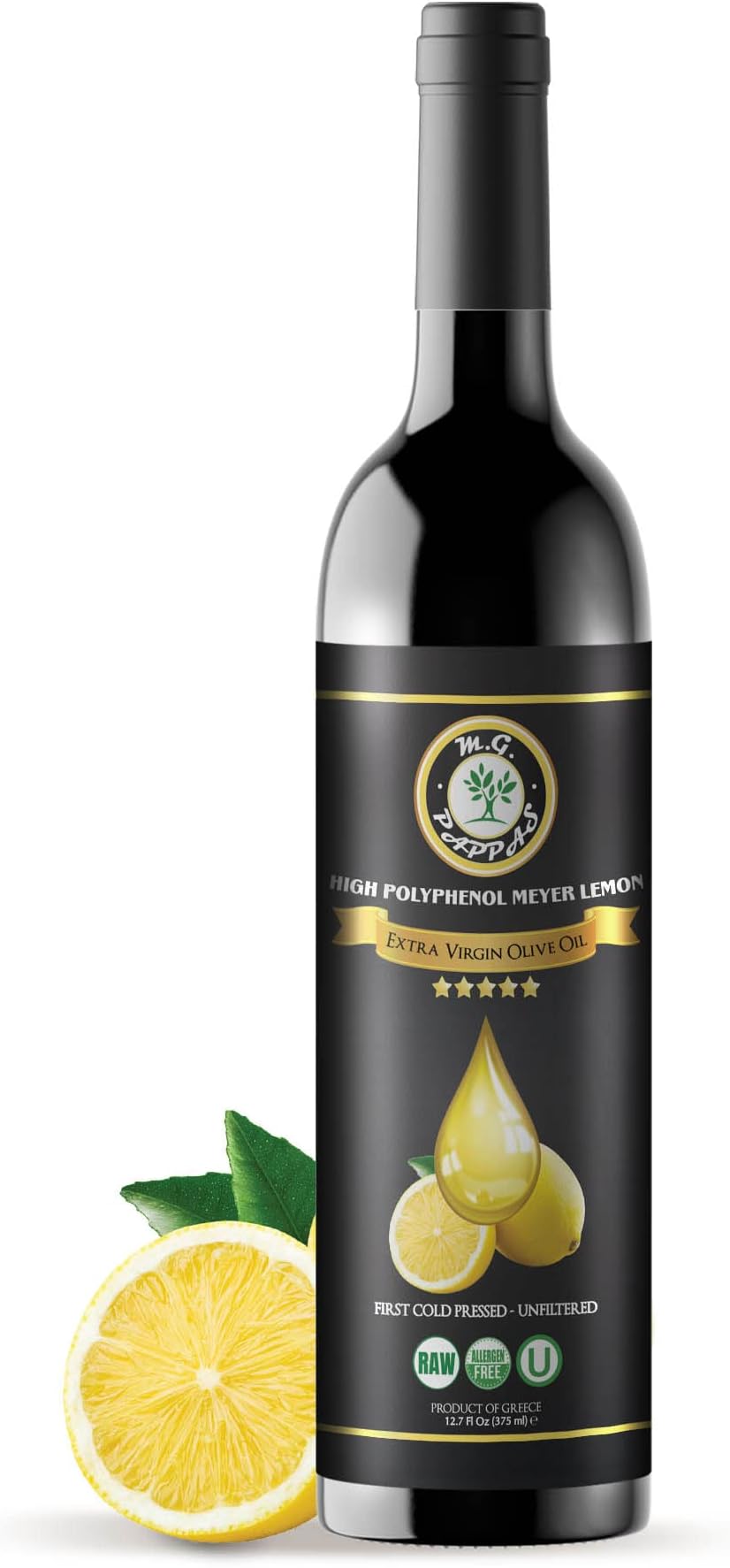 M.G. PAPPAS High Polyphenol Rich Meyer Lemon Olive Oil - Extra Virgin Olive Oil Polyphenol Lab Report 650mg/kg - Cold Pressed & Unfiltered - High Hydroxytyrosol Greek Olive Oil - Award Winning 12.7 Oz