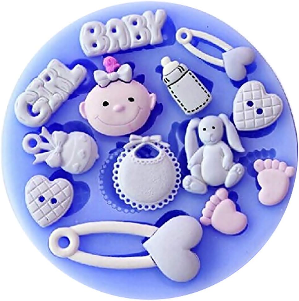 SA084 - silicone molds for baby girl food use - brooch - rabbit - button - heart - rattle - child's feet - Sugar paste - Fondants - Cakes