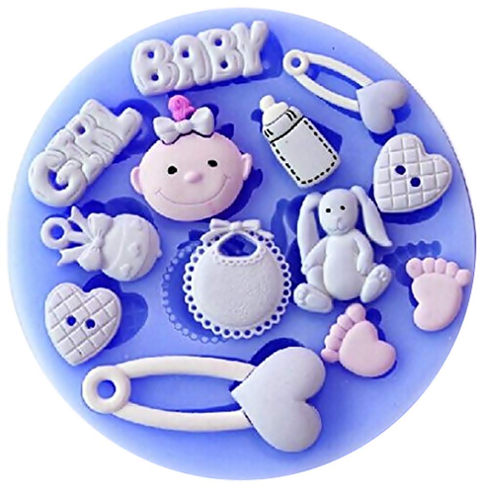 SA084 - silicone molds for baby girl food use - brooch - rabbit - button - heart - rattle - child's feet - Sugar paste - Fondants - Cakes