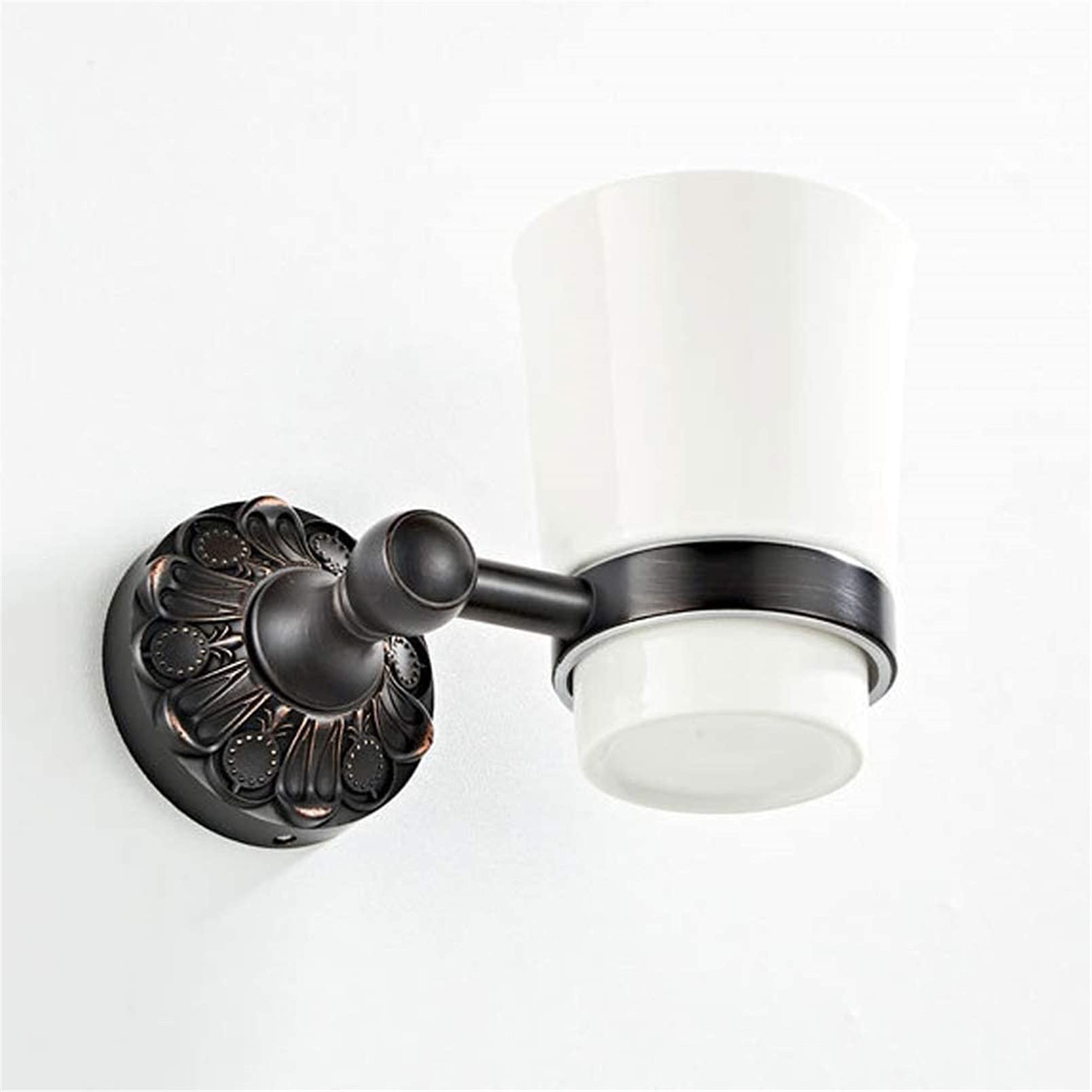 Taza de cerámica Portavasos para cepillos de dientes, Portacepillos de dientes individual Patrón tallado Ideal para accesorios de baño Montaje en pared de bronce antiguo negro Hecho de latón Juego de