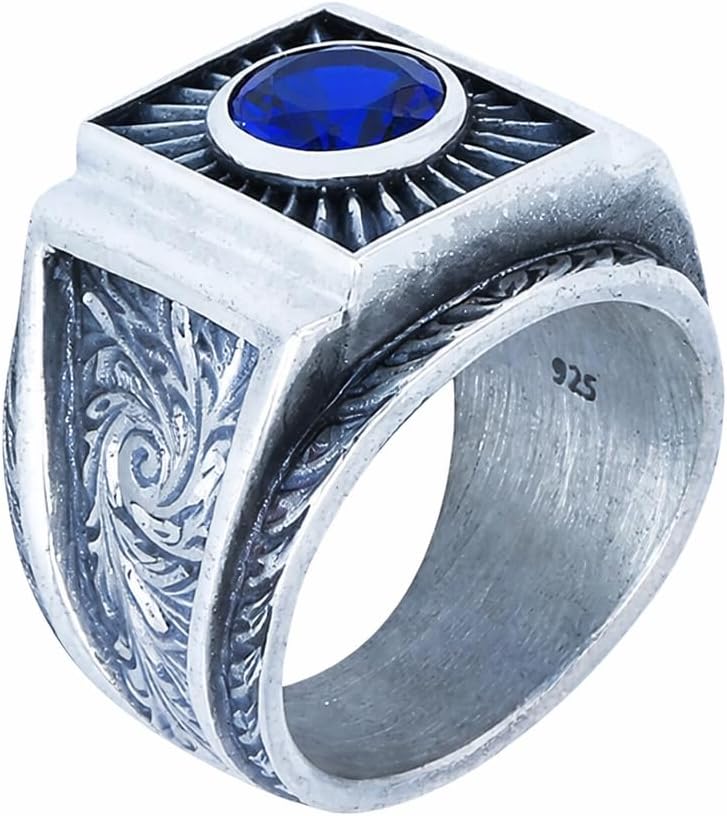 Men Silver Blue Sapphire Gemstone Engraved Signet Ring