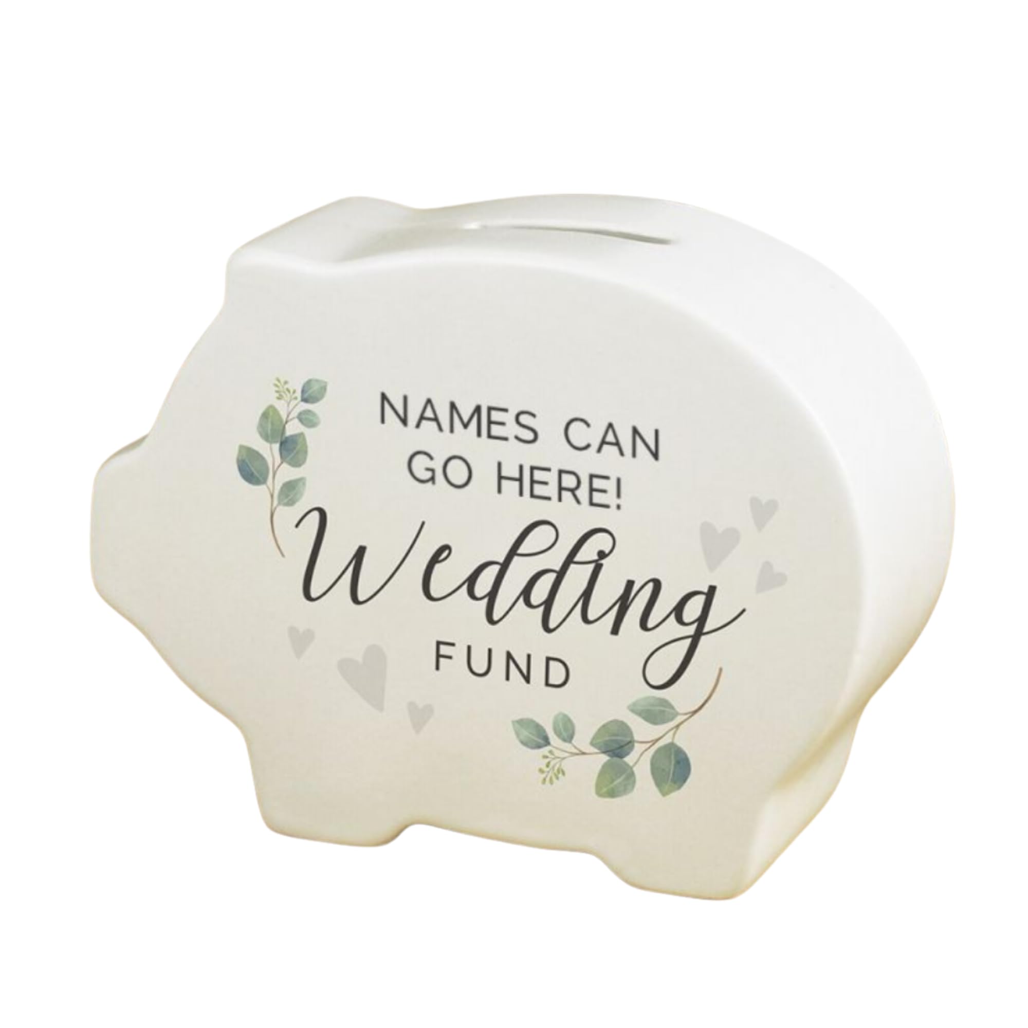 White Wedding Piggy Bank. Personalised Ceramic Piggy Bank. Wedding Fund Money Box