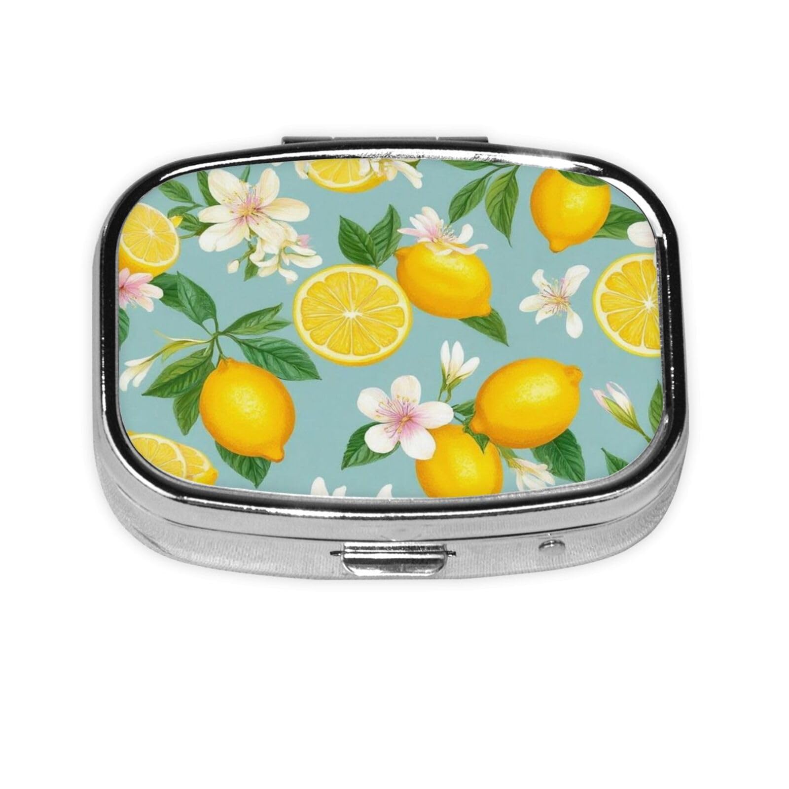 Square Pill Box Tablet Holder Pocket Purse Organizer Case Decoration Box (Tropical Fruits Mint Green Leaves Flowers Watercolor Lemon)