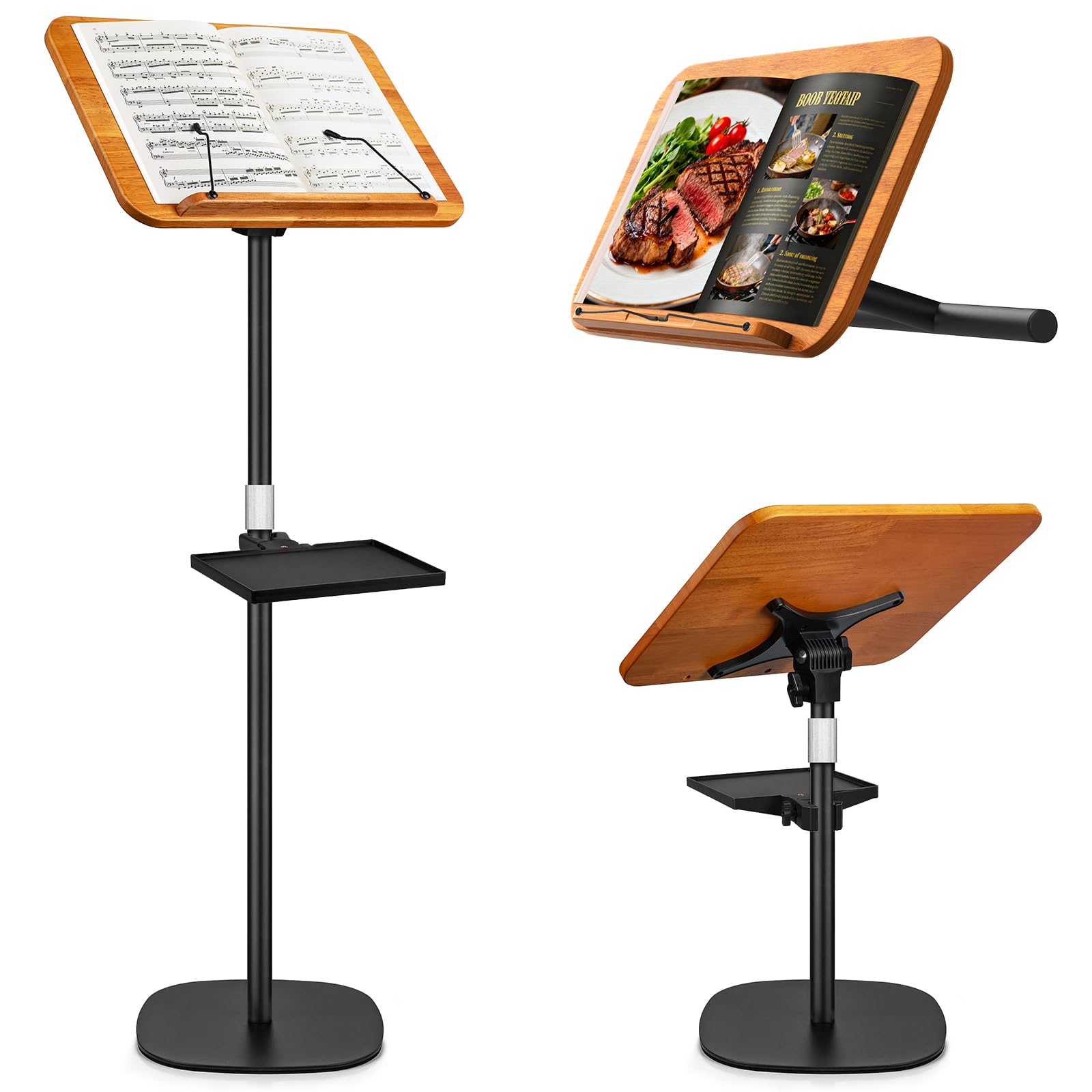 2 in 1 Dual-use Music Stand &amp; Desktop Book Stand, Adjustable Height 16.5"-51", 100% Solid Wood Laptop Floor Stand Book Holder with Elastic Page Clips for Cookbooks (Brown with Tray)
