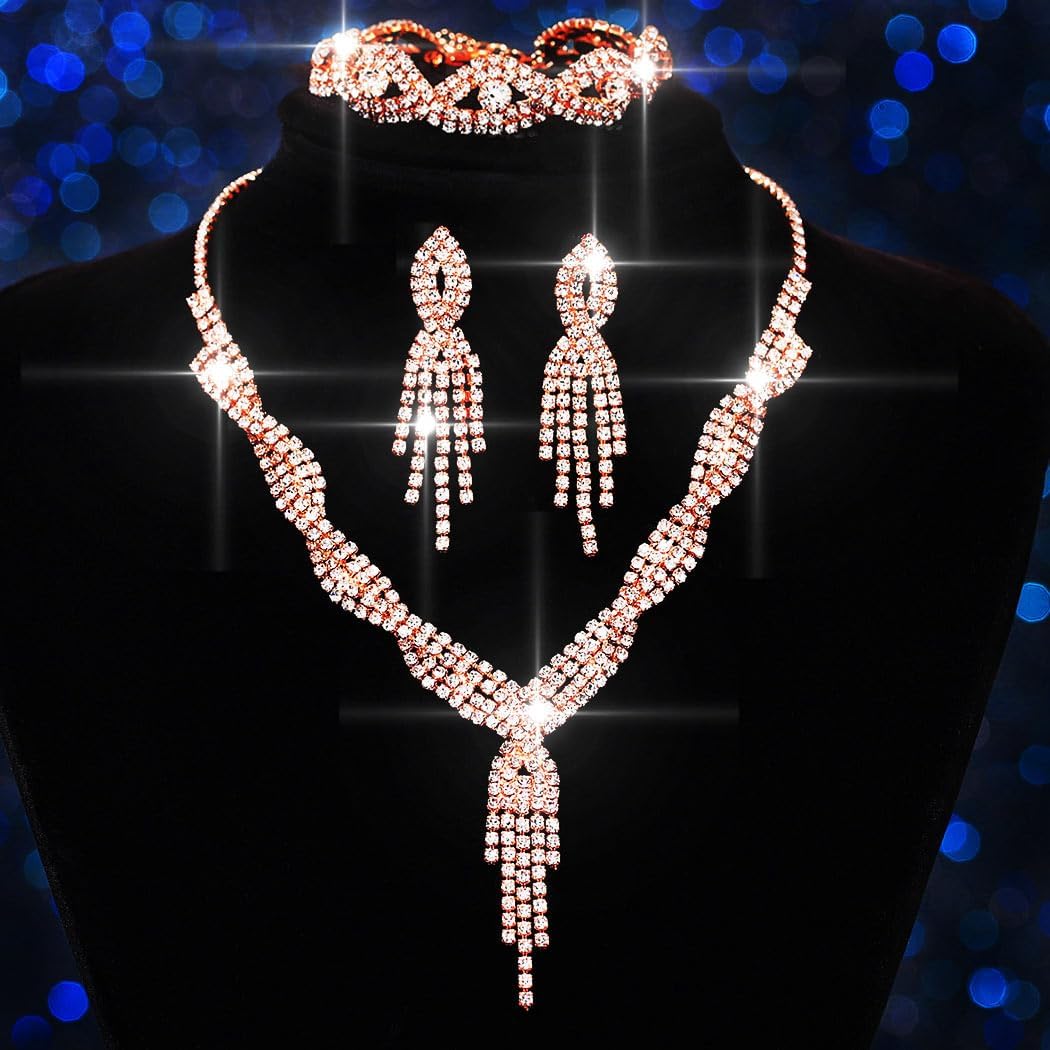 Aukmla Rhinestones Prom Bridal Jewelry Set Sparkly Wedding Necklace Earrings Bracelet Sets for Women and Brides - Image 7