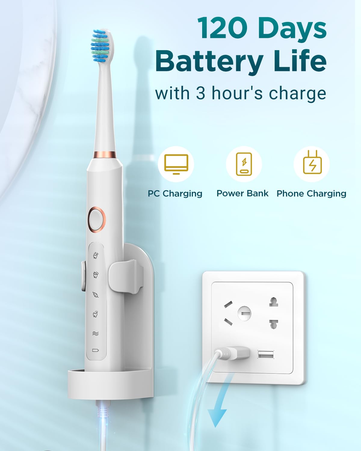 Coulax electric toothbrush being charged via USB cable