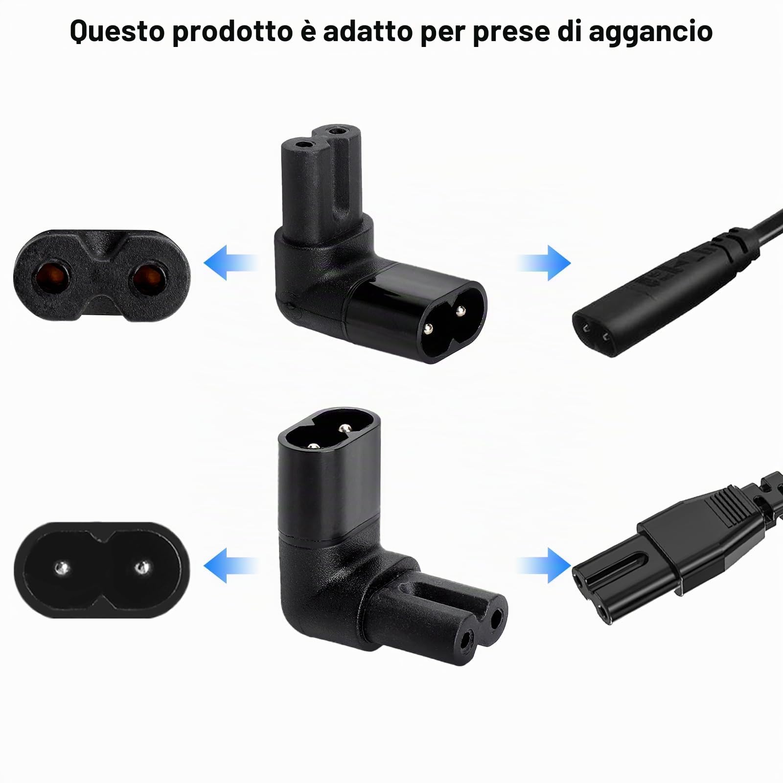 Adattatore Angolare C7-C8 90° – 2 Pezzi, 250V 2.5A, Per Laptop, Stampanti E Proiettori