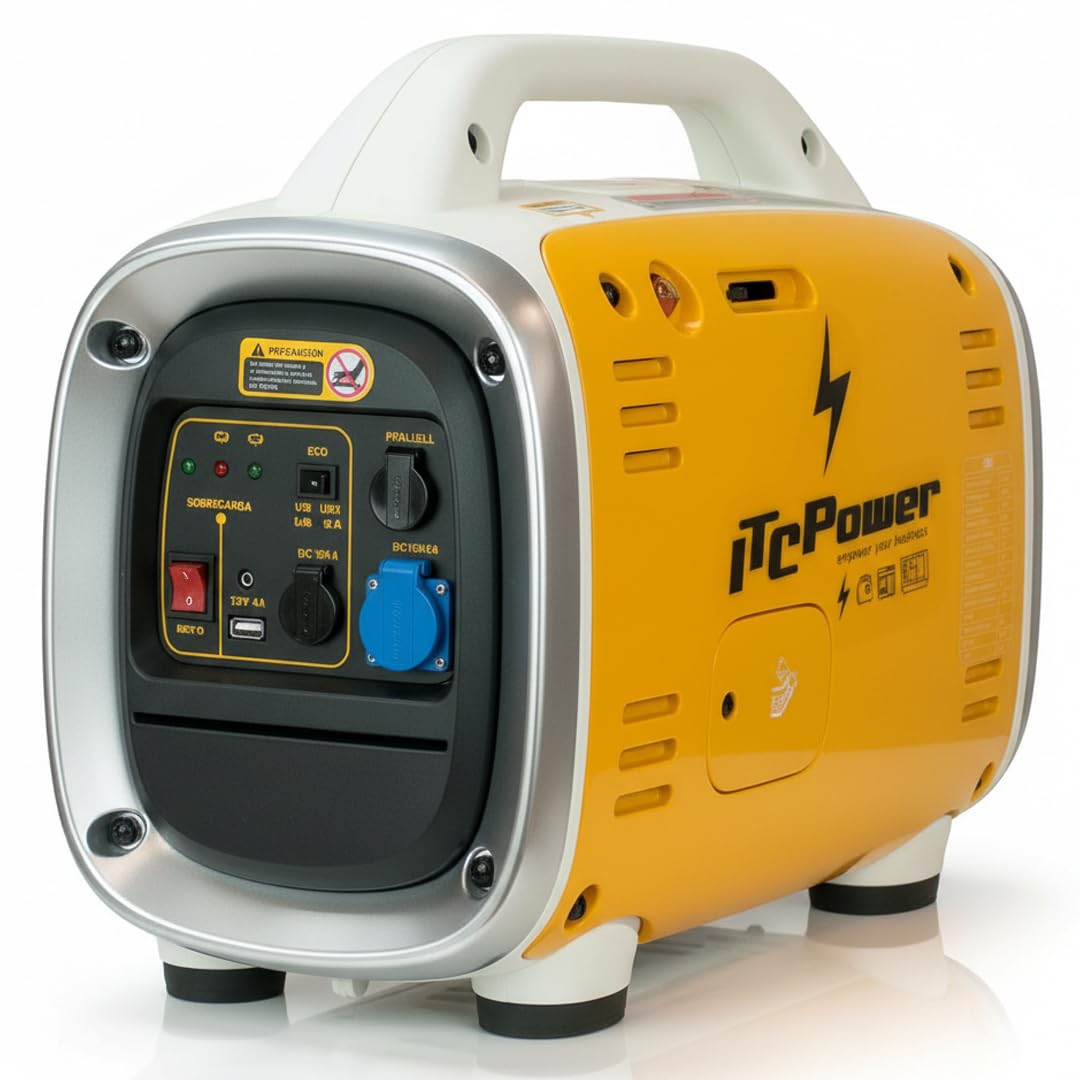 ITCPower Generador Inverter Gasolina 900W Silencioso Portátil para Camping y Caravana - Generador Eléctrico Compacto 230V Seguro para Electrónica Sensible - Generador Ligero Bajo Ruido Exterior