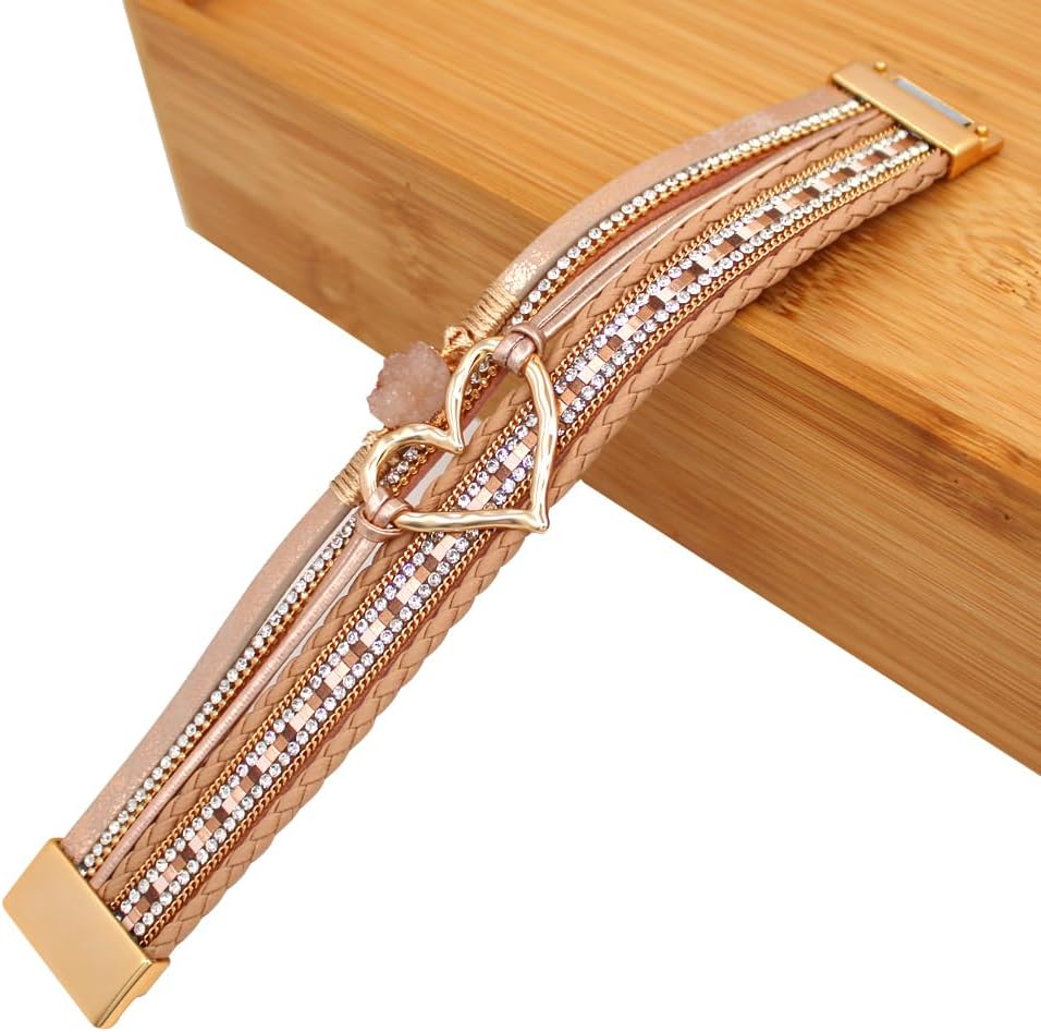 Womens Multi Layer Heart Leather Wrap Bracelet Boho Stackable Cuff Bangle Magnetic Clasp Crystal Birthday Valentine Gift