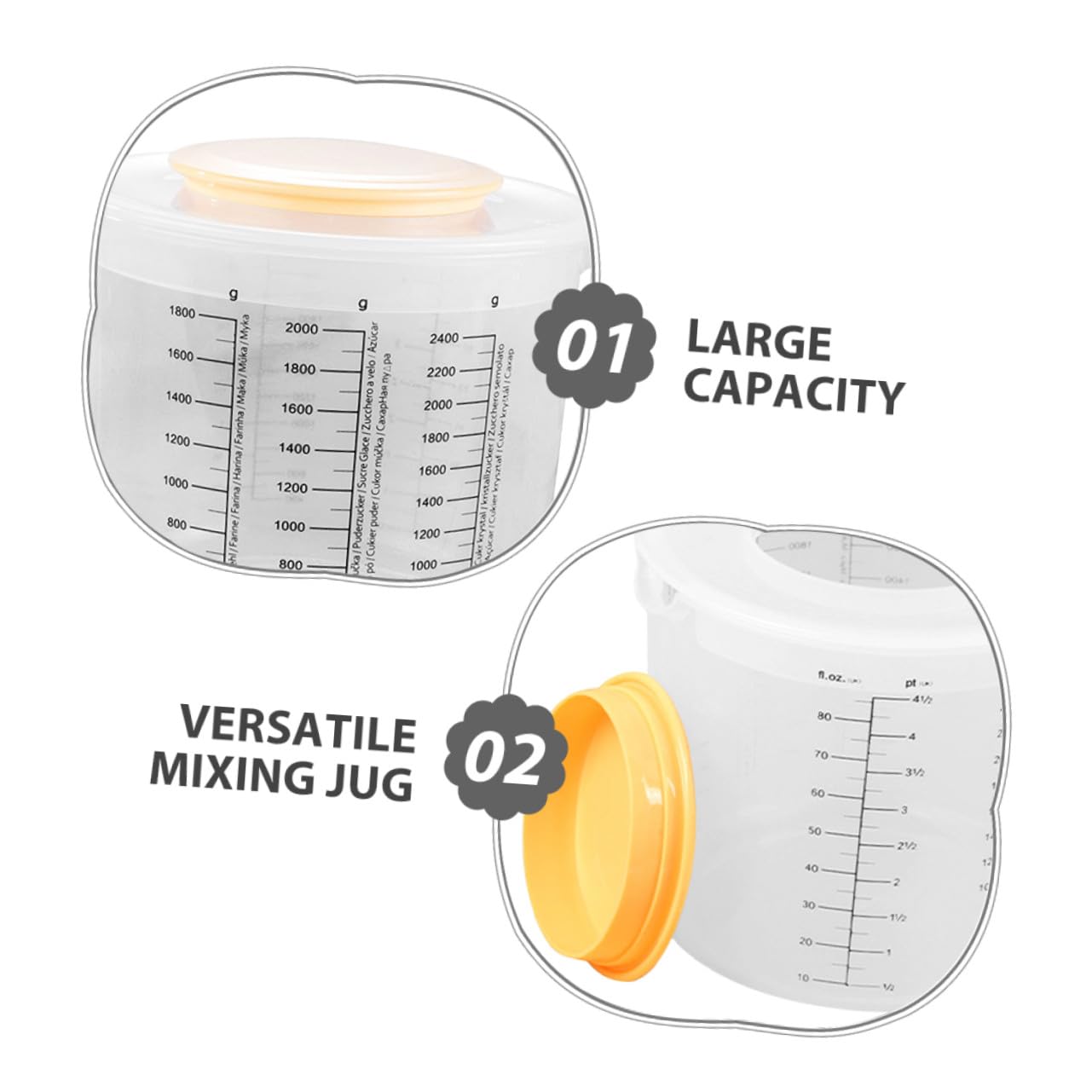Alipis Jarra Medidora de Plástico 2.5l con Tapa Anti Salpicaduras y Escala Clara, Recipiente Medidor Adecuado para Hornear y Preparar Pasteles, Juego de 2 Piezas