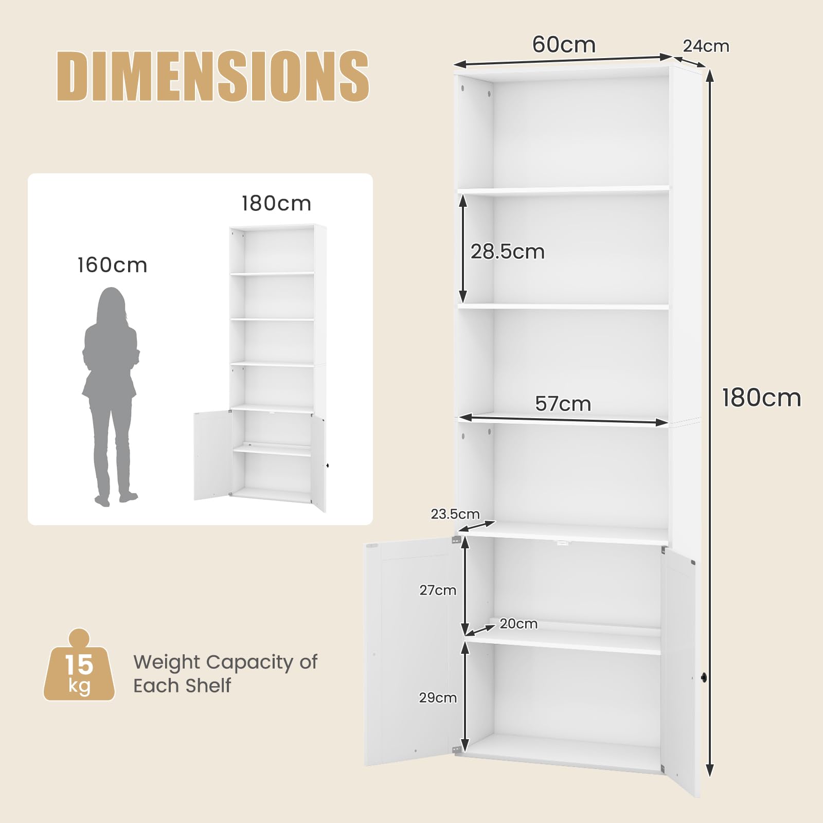 GOPLUS Librería de 6 Estantes, Puertas de Estilo Firme, Versátil Estantería de Almacenamiento con Estantes Ajustables para Oficina, Sala de Estar, Estudio, Blanco