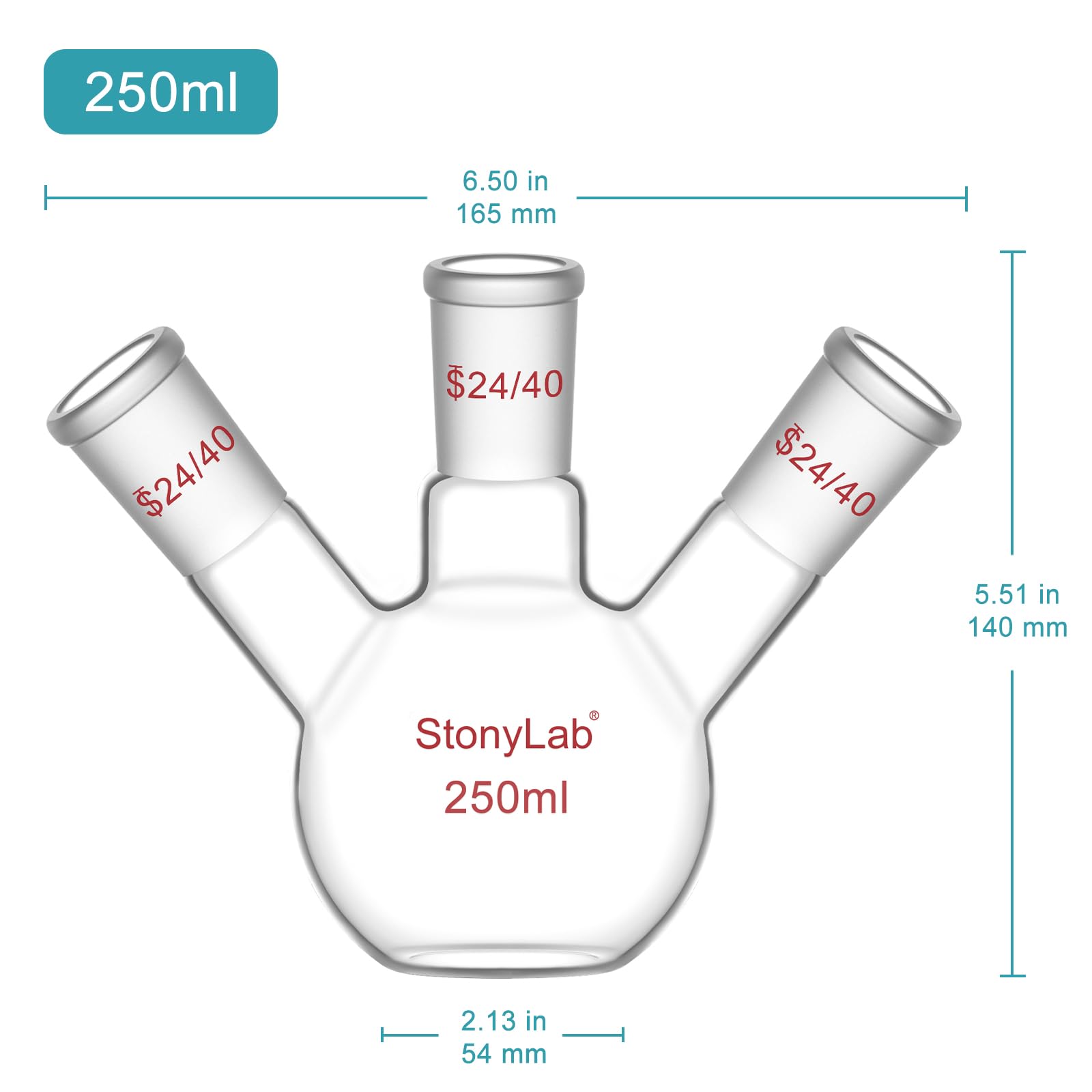 stonylab Pallone a Fondo Piatto a 3 Collo, Vetro borosilicato, Giunto Conico Standard 24/40, Pallone da Reazione per Laboratorio di Chimica, Capacità 250 ml