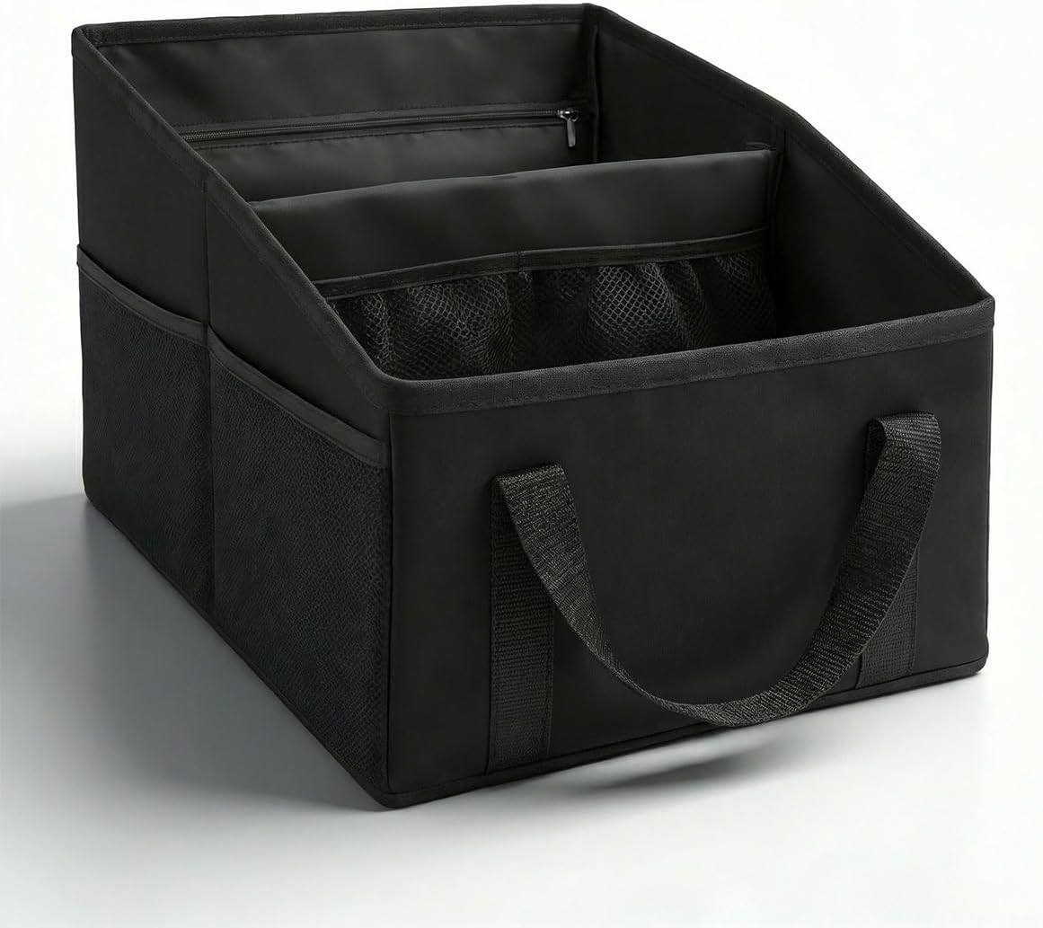 Collapsible Car Seat Organizer, Oxford Cloth Automotive Front&Back Seat Storage Box with 4 Cup Holders & Handle, Small Car Trunk Organizers for SUV Truck (Black)
