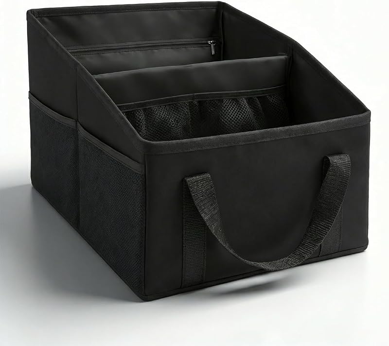 Collapsible Car Seat Organizer, Oxford Cloth Automotive Front&Back Seat Storage Box with 4 Cup Holders & Handle, Small Car Trunk Organizers for SUV Truck (Black)