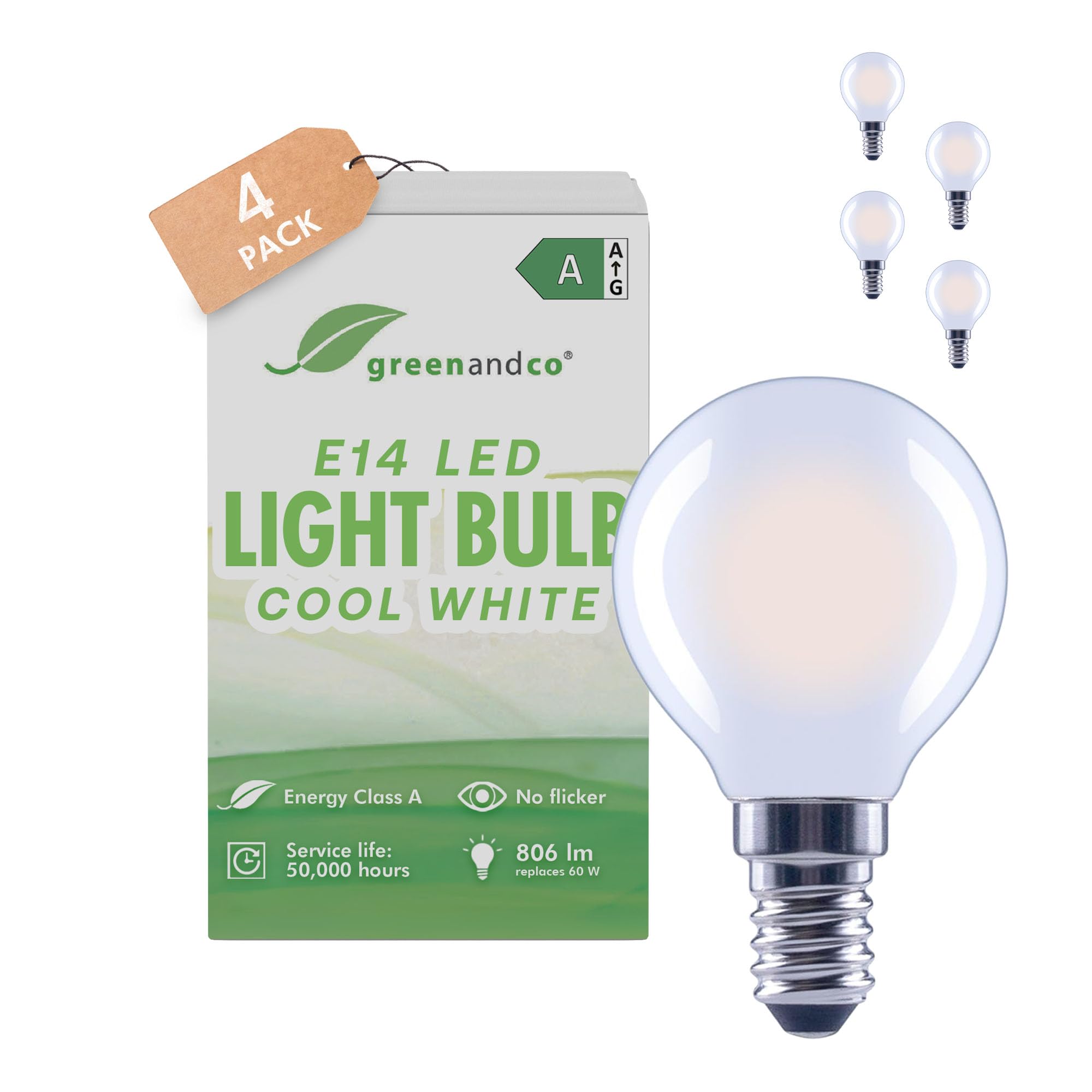 greenandco 4 x LED Filament Light Bulb | Frosted | E14 G45 | 3.8W 806lm | Replaces 60W | 6500K Cool White | 320° | 230V | Flicker Free | Energy Class A | Non-dimmable