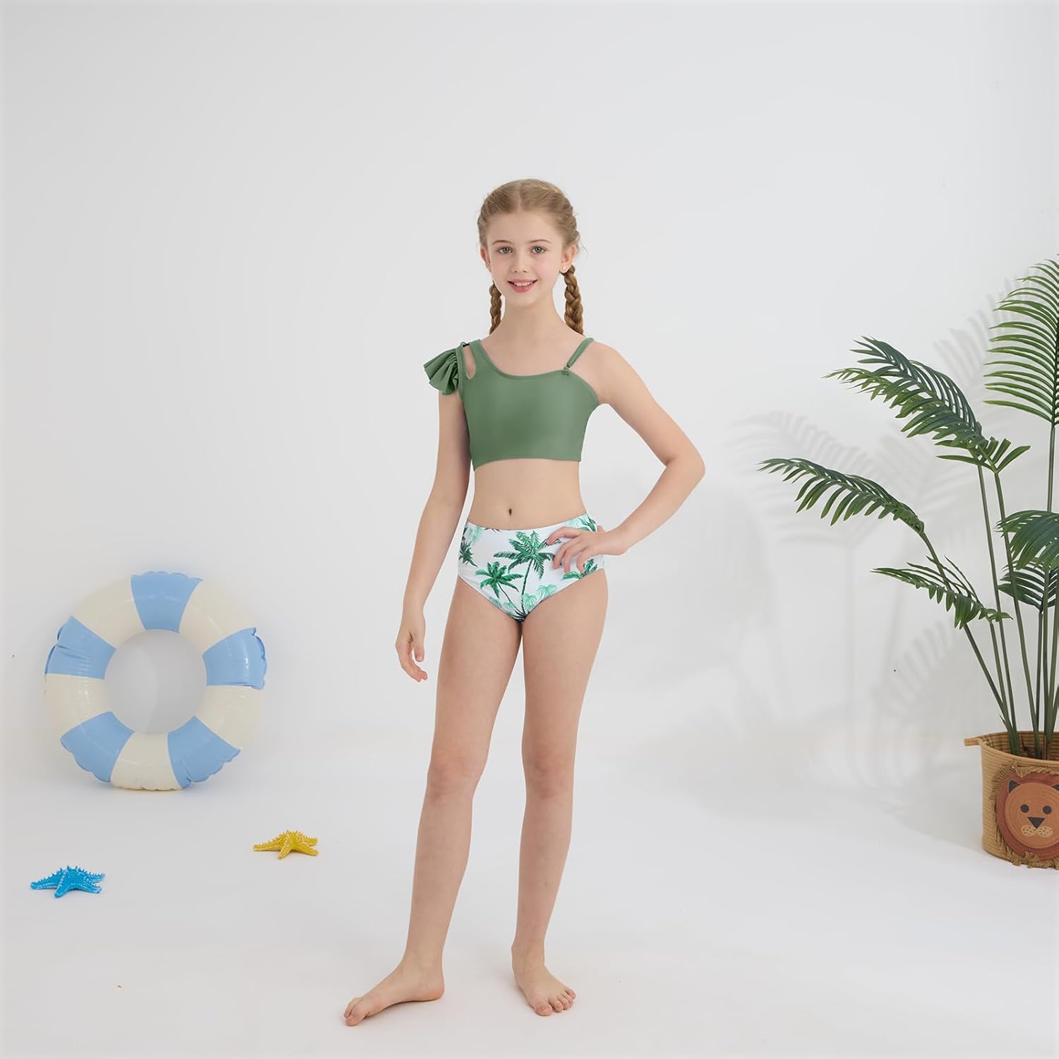 Girls Swimsuits Hawaiian Teen Bathing Suits 3 Piece Tropical Floral Ruffle Strap Bikini Set with Cover Up Skirt 9-16T - Image 3