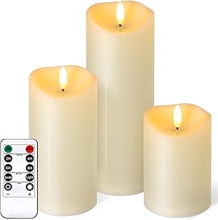 Outdoor Flameless Candles with Remote Timer - Waterproof Realistic Flickering LED Pillar Electric Battery Operated Fake Candle for Holiday Home Wedding Fireplace Decor - Ivory 3 Pack (D3”H4”6”8”)