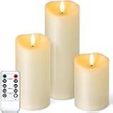Outdoor Flameless Candles with Remote Timer - Waterproof Realistic Flickering LED Pillar Electric Battery Operated Fake Candle for Holiday Home Wedding Fireplace Decor - Ivory 3 Pack (D3”H4”6”8”)