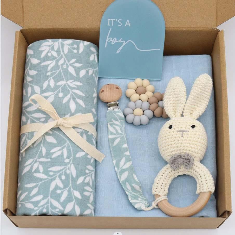 Baby Gift Set |6 Pieces Newborn Essentials |2 Baby Blankets | Bamboo Rattle | Hello World Bamboo Card|Pacifier Chain | Bunny Toy|