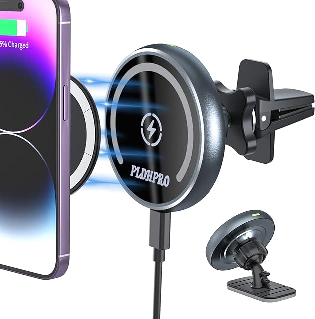Magnetic Wireless Car Charger PLDHPRO Compatible with Magsafe Mount iPhone14 13, 12, Pro, Pro Max, Mini, 15 W Fast Charging,Car Dashboard And Air Vent Phone Holder(Dark gray