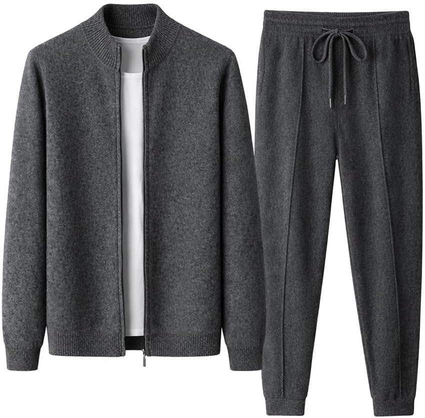 Men's Spring/Autumn Cashmere Suit Thickened Stand-Up Collar Wool Cardigan Casual Pants Two-Piece Sportswear Set