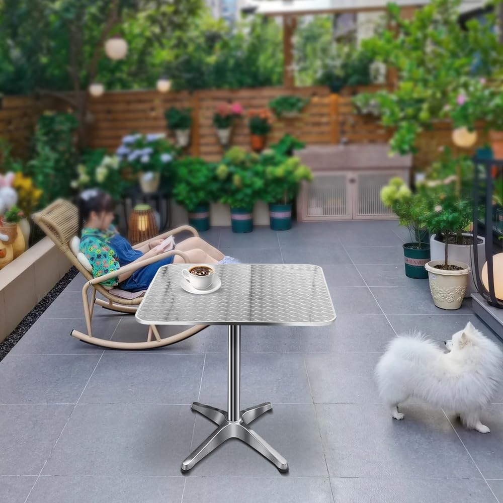 Tables à Manger de Jardin,Table de Bar Haute en Aluminium,pour extérieur 60 x 60cm,Hauteur réglable 70/110 cm, Plateau en Acier Inoxydable,pour Bistrot,Maison,Restaurant (‎(70/110)*60 * 60cm-Carré)