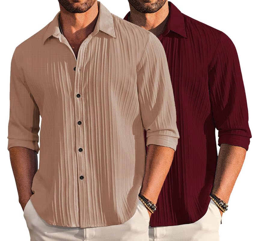 Image of DEELMO Combo of Men's Casual Button Down Shirts Long Sleeve Linen Shirt Fashion Textured Summer Shirts Pack of 2
