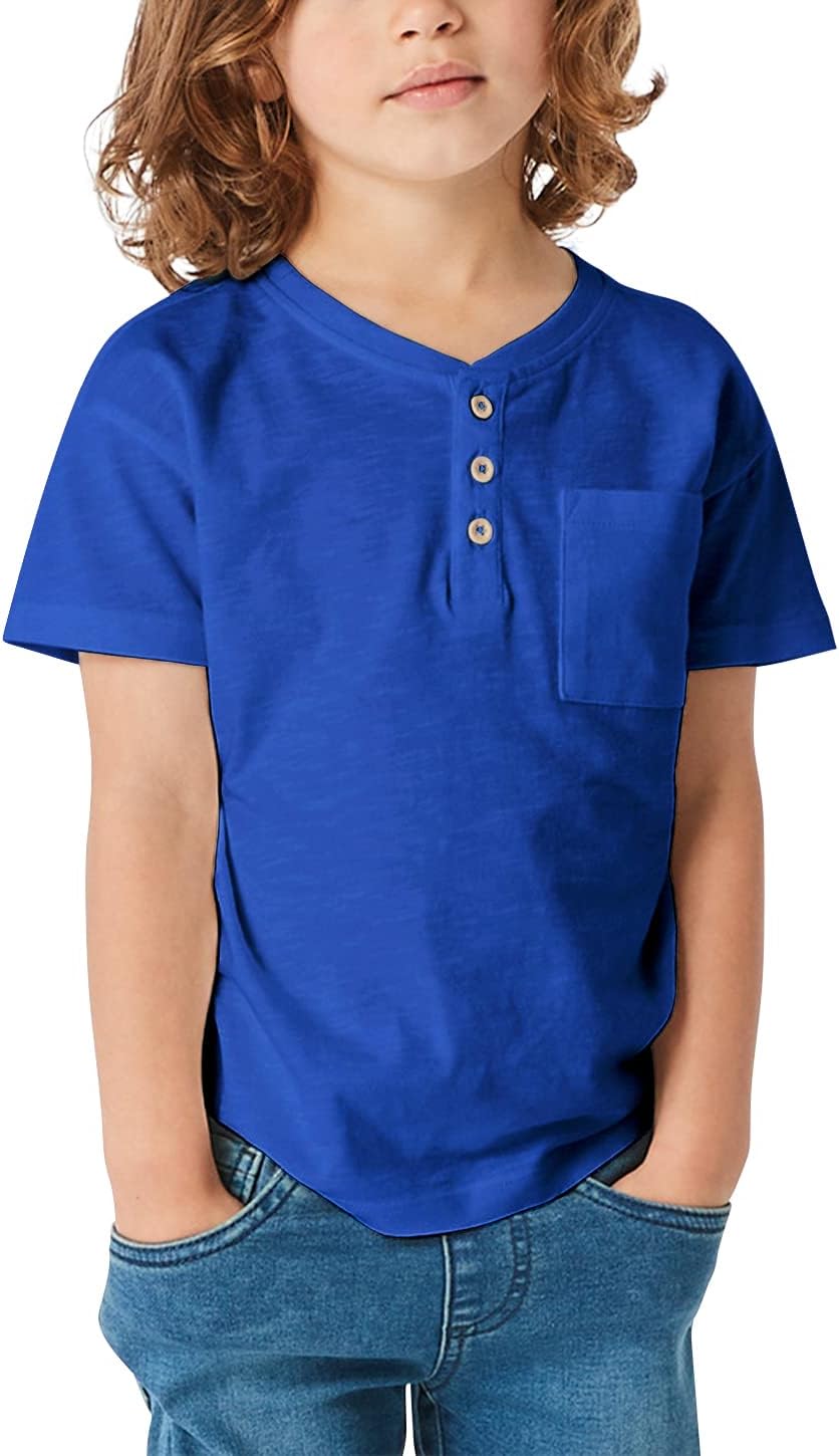 Kids Boys Henley Shirts Solid Button Down Short Sleeve Pocket Casual Tops Tees