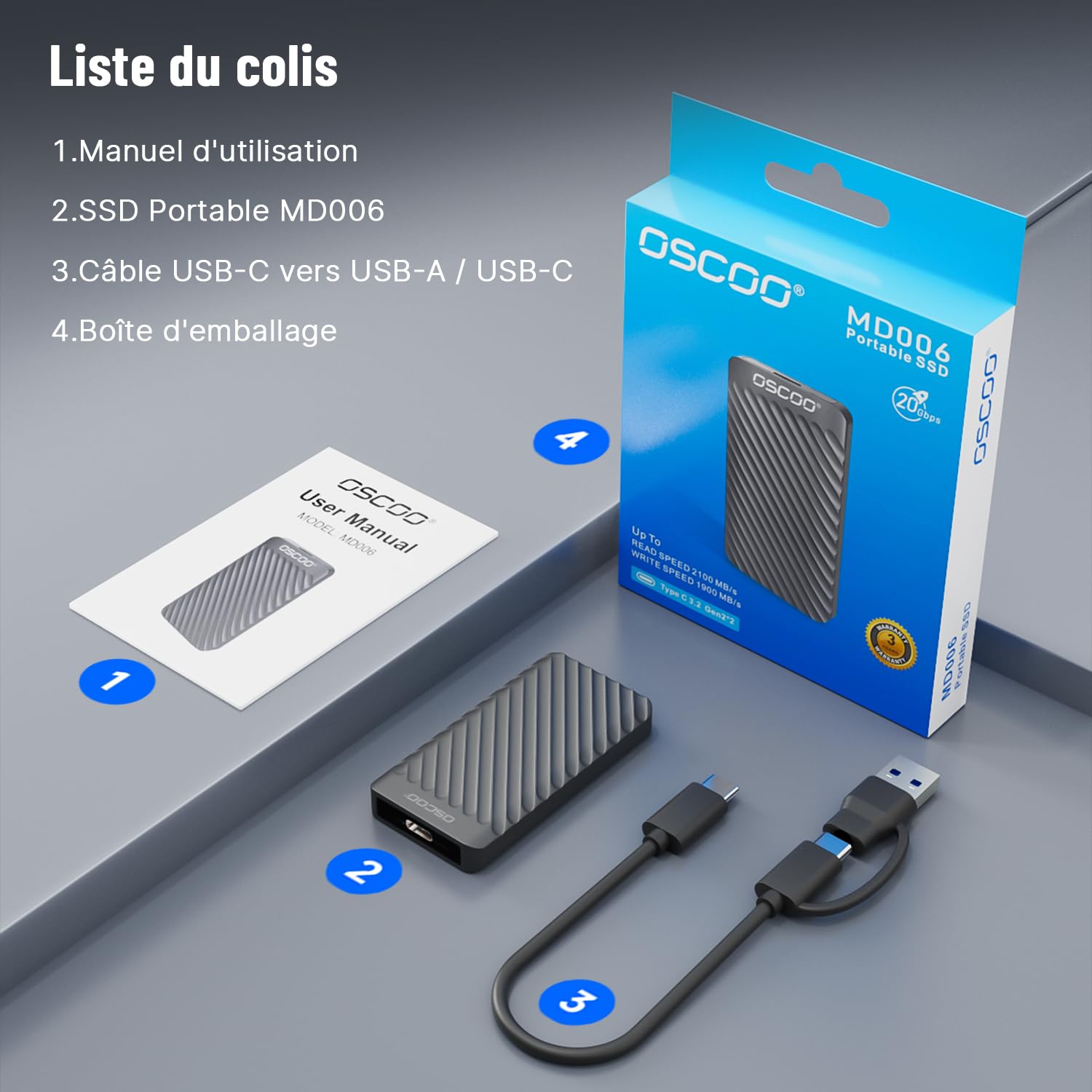 512Go Portable SSD, Disque SSD Externe USB 3.2 Génération 2x2 Disque Dur SSD Externe Jusqu’à 2000 Mo/s clé USB Double USB-A&C Mémoire Externe SSD Compatible Android