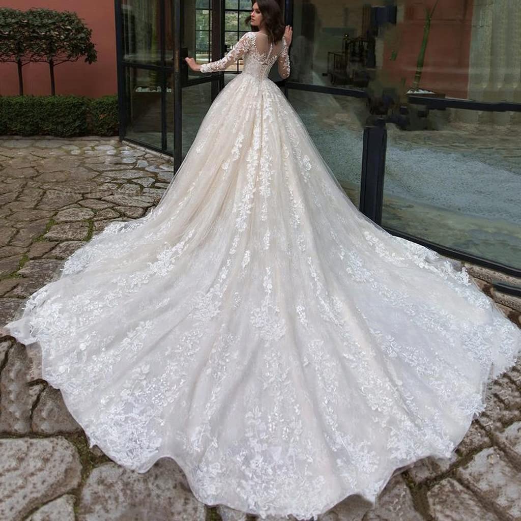 Abiti da Sposa con Manica Lunga Ricamati in Pizzo, Abiti da Sposa in Pizzo Francese Abiti da Sera Personalizzati da Donna Plus Size Bianco White 42
