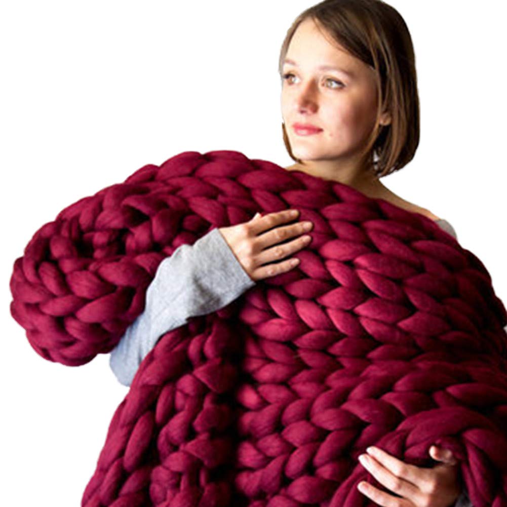 Wine Red Chunky Knit Grey Throw - Large Weighted Knitted Blanket for Sofa & Bed - 100x120