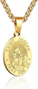 P. BLAKE Oval Saint Christopher/Michael/Joseph/Jude/Virgin Mary/Joseph/Francis/Patrick/Anthony/Benedict/Thomas Necklace for Men Women, Stainless Steel Catholic Patron Pendant with Chain 24 Inches