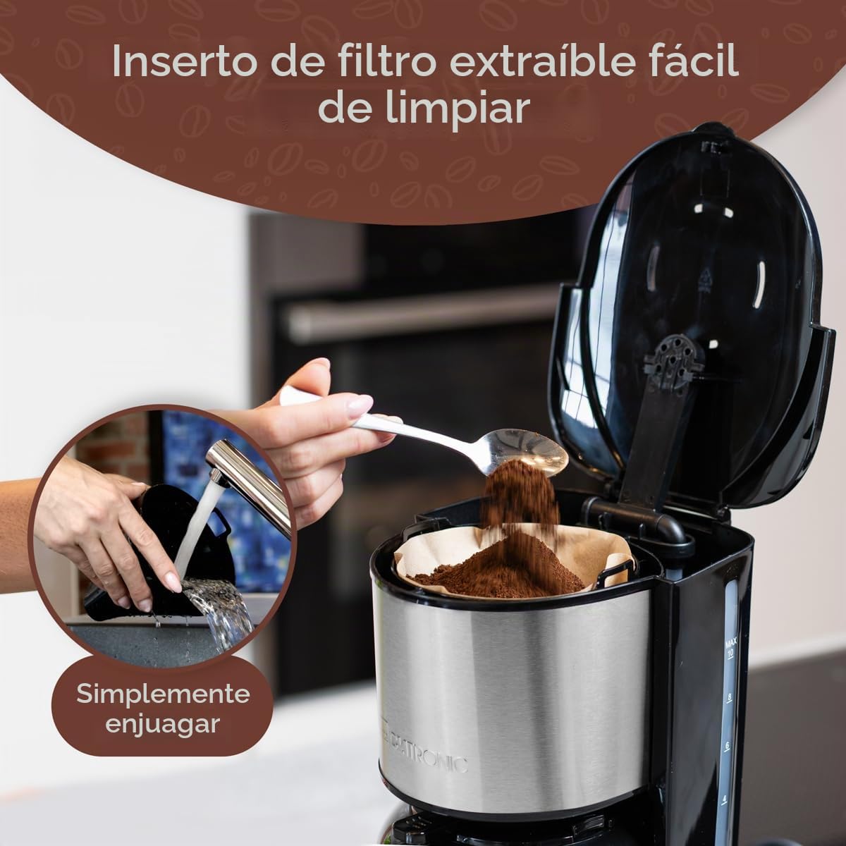 Clatronic, cafetera acero inoxidable, protección antigoteo, portafiltro, jarra termo 1,2L, KA3805, acero inoxidable/negro