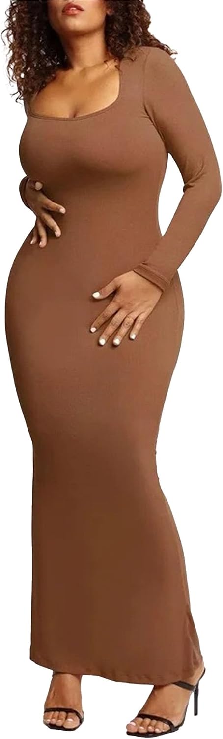 Women's Sexy U Neck Bodycon Midi Dress Casual Long Sleeve Tank Dress Solid Color Basic Pencil Midi Club Dresses