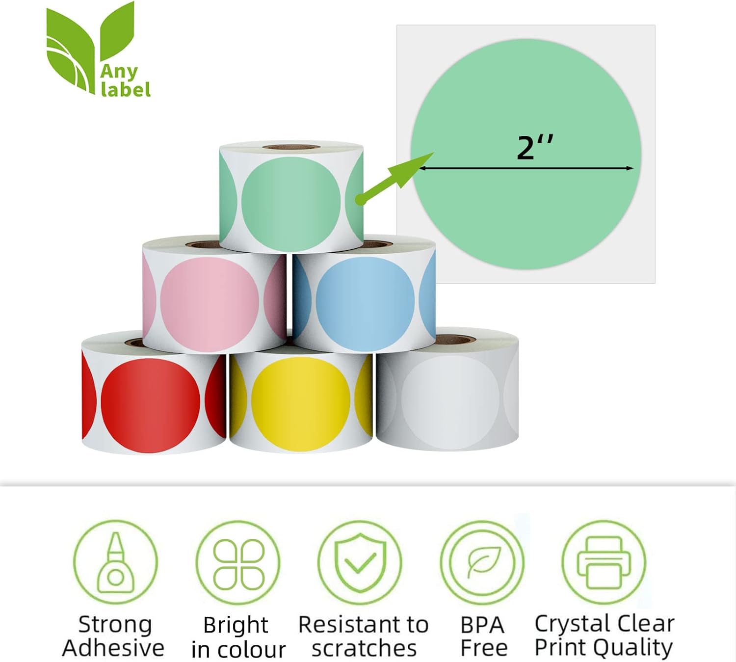 2" Color Circle Direct Thermal Labels, Self-Adhesive Round Direct Thermal Stickers, Multi-Purpose Roll Sticker Labels for DIY Logo Brand Design, QR Code, Name Tag(6 Rolls, 4500 Labels) - Image 2
