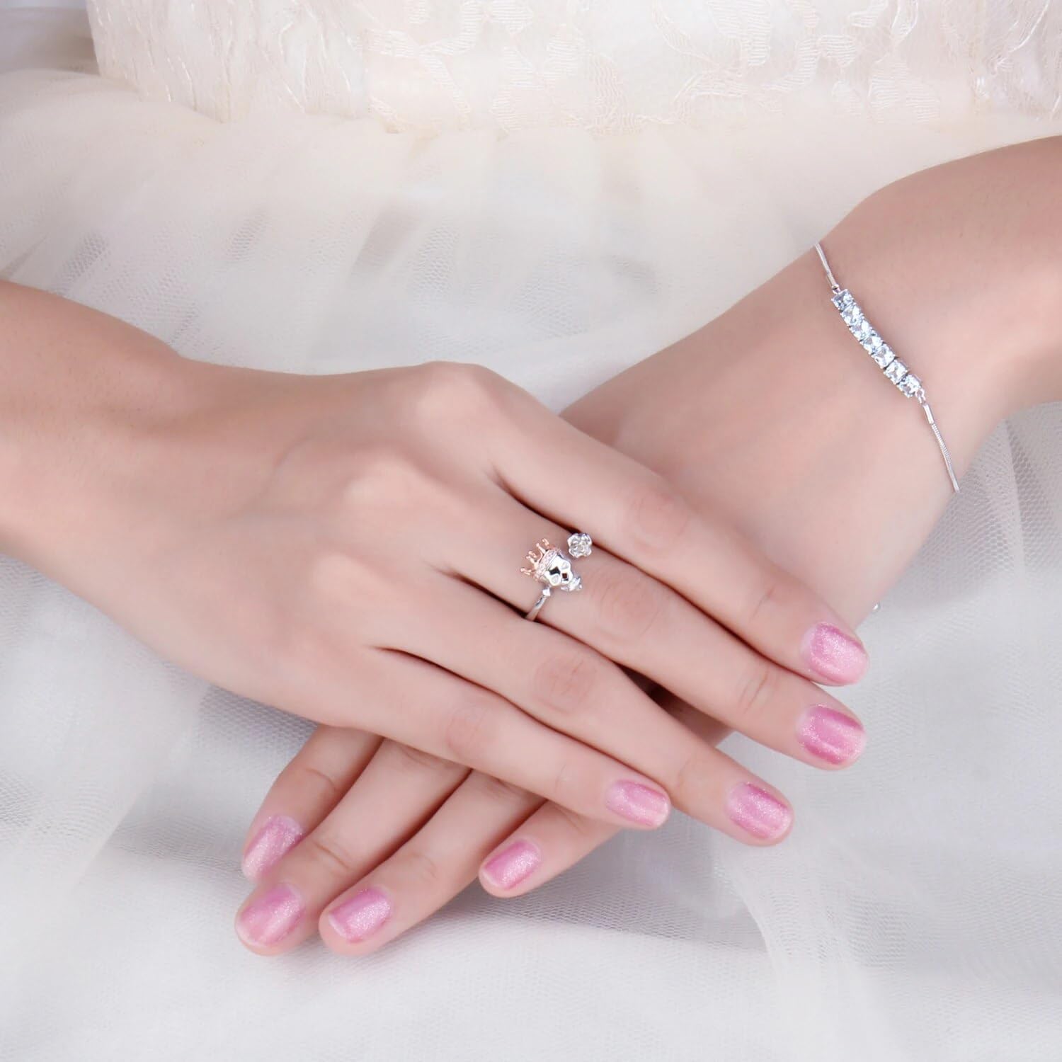 King Skull Crown Flower CZ 925 Sterling Silver Adjustable Open Ring for Woman Fine Jewelry SSS-0215