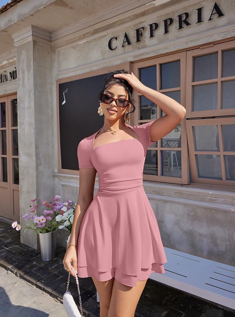 XXTAXN Women's Sexy Square Neck Short Sleeve Ruched Tiered Ruffle Hem Flowy Club Party Mini Dress large