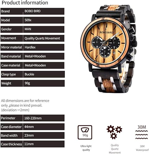 Miniatura 3 de BOBO BIRD Relojes de madera para hombre, reloj de madera ligero de lujo, pantalla multifuncional, relojes para hombre, Elegante