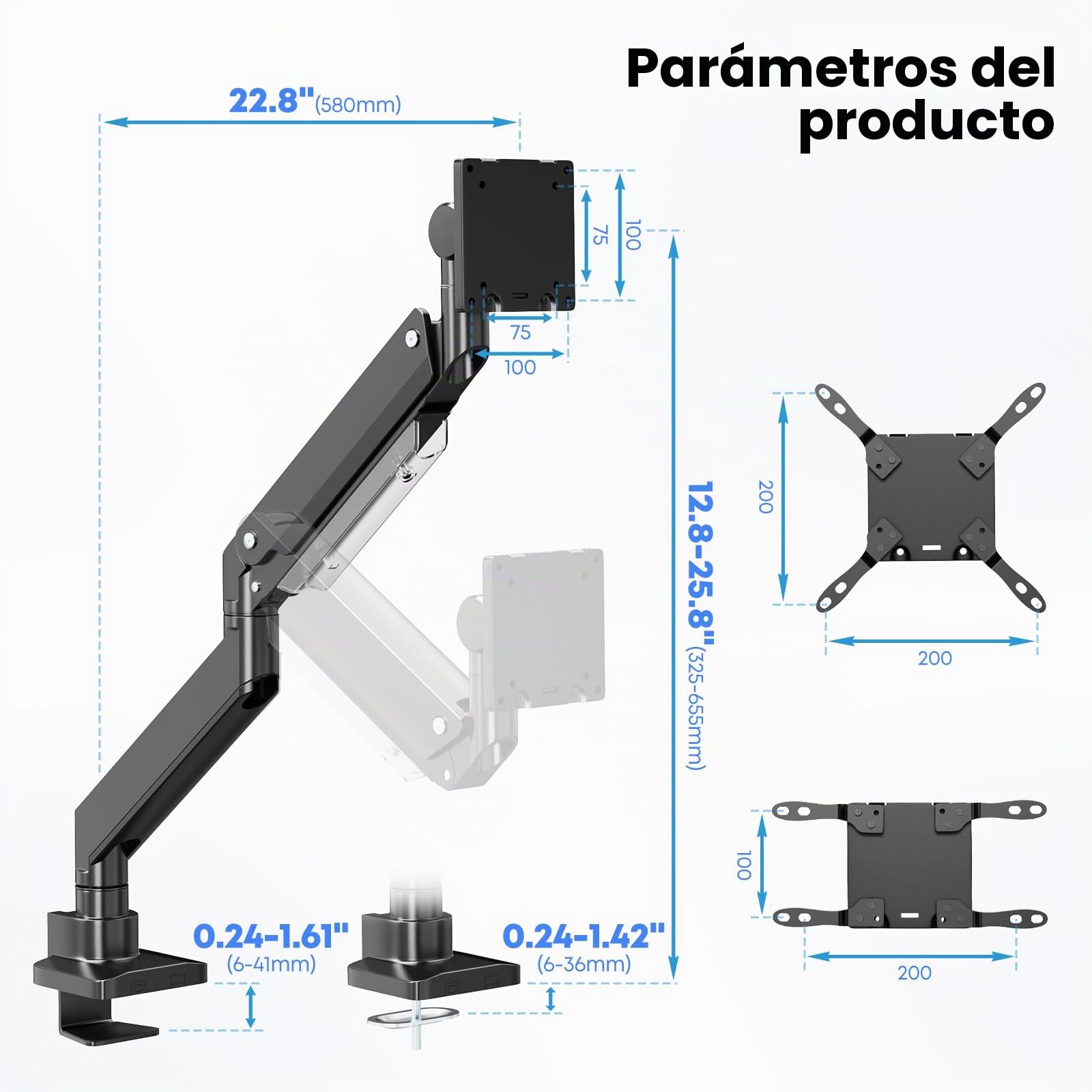 PUTORSEN Brazo para Monitor y TV de 17-57 Pulgadas, Soporte de Escritorio con Resorte de Gas, hasta 27 kg, Placa de Refuerzo, VESA máx. 200 x 200