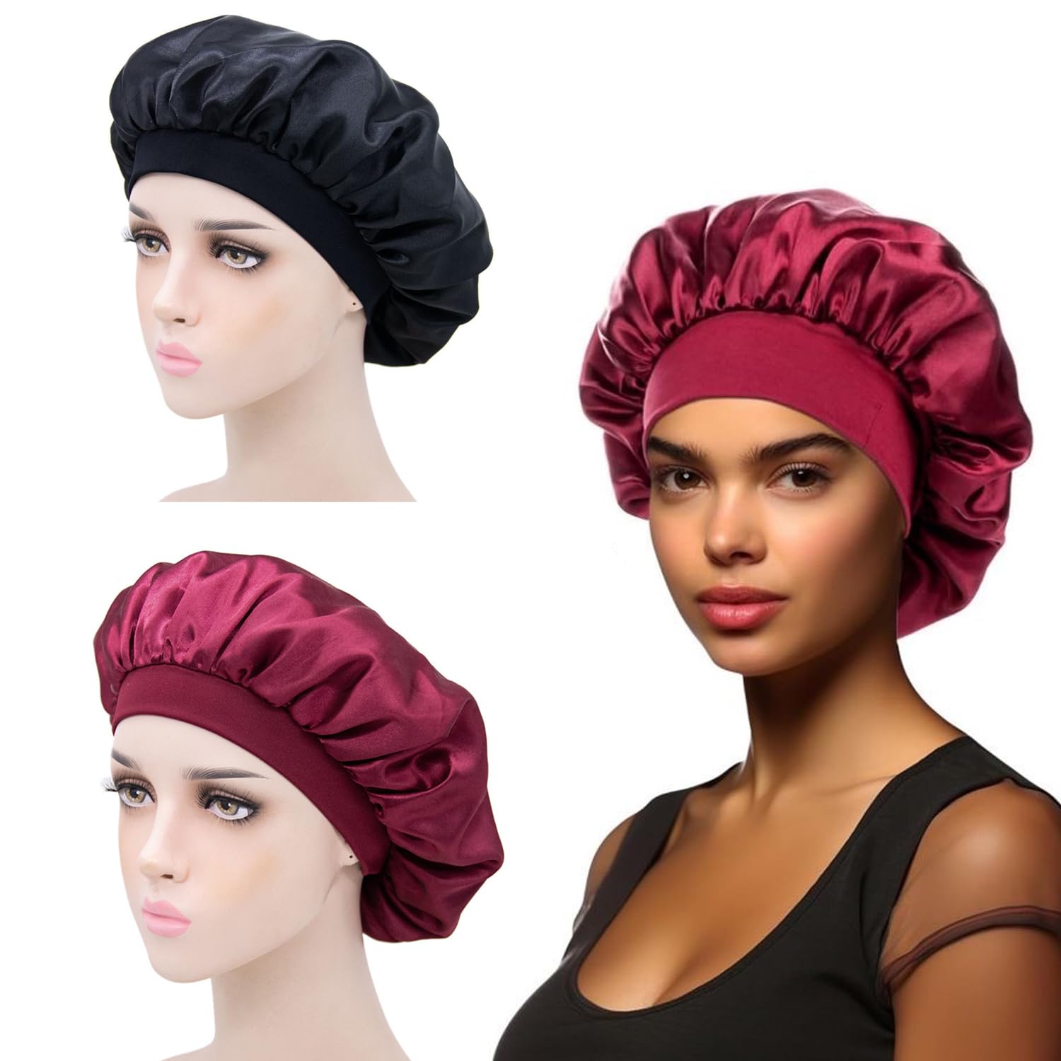 iLamvie 2 pezzi Cuffia Seta Capelli Ricci,Silk Bonnet,Berretto Da Notte Raso Elastico Per Dormire Cappello Da Notte Per Donna Berretto Da Notte Raso Per Donna Ragazza(Nero+rosso)