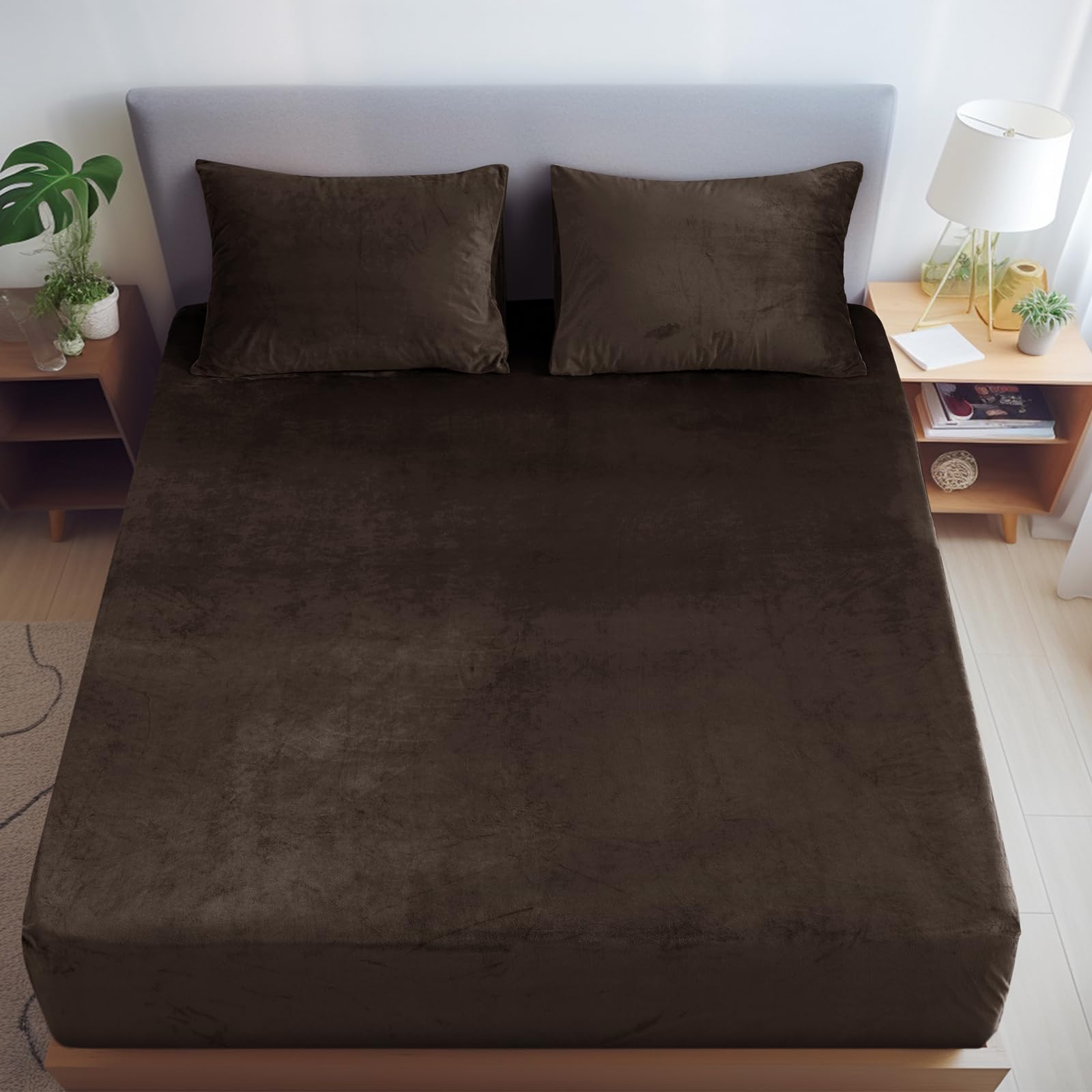 David's Home Truly Velvet Fitted Sheet Queen Size, Ultra Soft Bottom Sheet with 16" Deep Pocket, All-Round 2.5cm Wider Strong Elastic, Plush Cozy Comfy Warm for All Seasons, 60x80+16", Dark Brown.