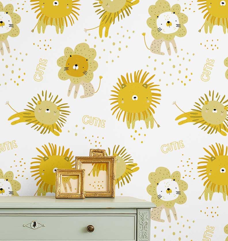 Papier peint enfant lion jaune S4Sassy pour créer un coin éveil doux dans sa chambre